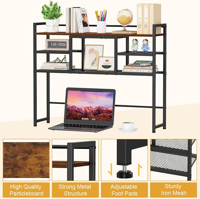 Snughome Desk Shelf, 38.6" Desktop Bookshelf, Desk Hutch Dorm, Countertop Storage Hutch with 5 Shelves for Computer Desk, Multipurpose Wood Desktop Display Organizer Rack for Home Office Dorm