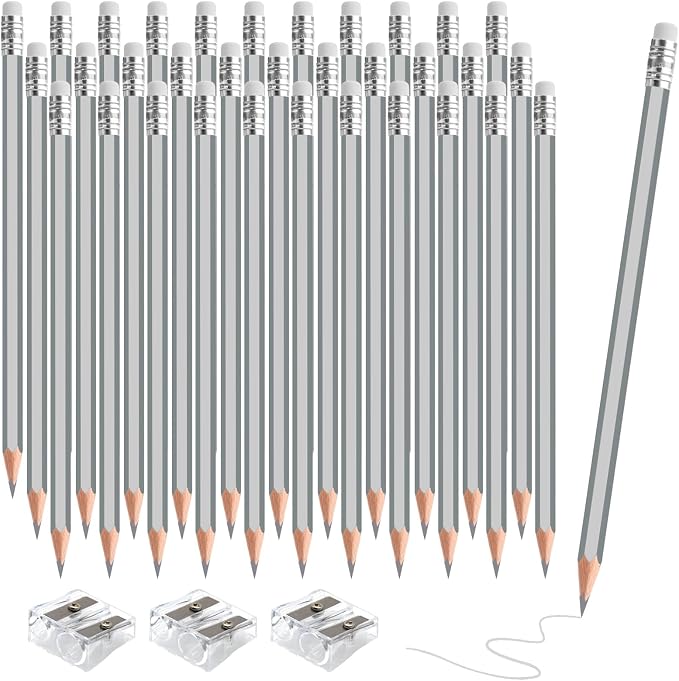 36 PCS Silver Colored Pencils with Eraser Pre Sharpened Pencil 2 HB - Ideal for Checking, Grading, Tests & Office/School Supplies (Silver)