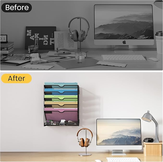 Hanging Wall File Organizer 6-Tier Wall Mount Mail Organizer | Desk Paper Organizer, Sleek White Metal File Folder Holder for Office, Cubicle, Bedroom | All-in-One Document Storage Shelf