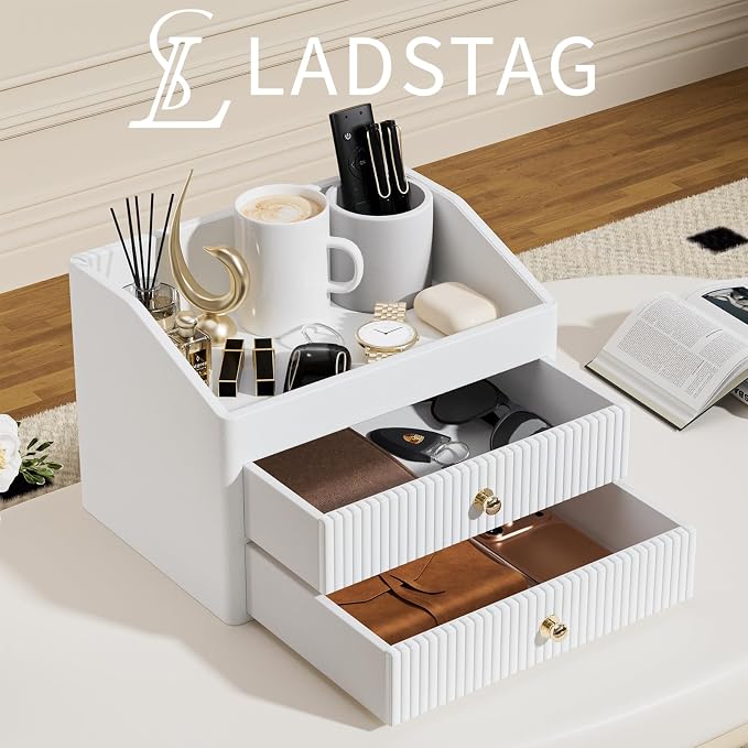 LADSTAG Desk Organizer,Beige White Vegan Leather Desk Accessories & Workspace Organizers with 2 Drawers & Tray,Key Holder with Gold-Tone Metal Accents knob，Jewelry Box,Nightstand