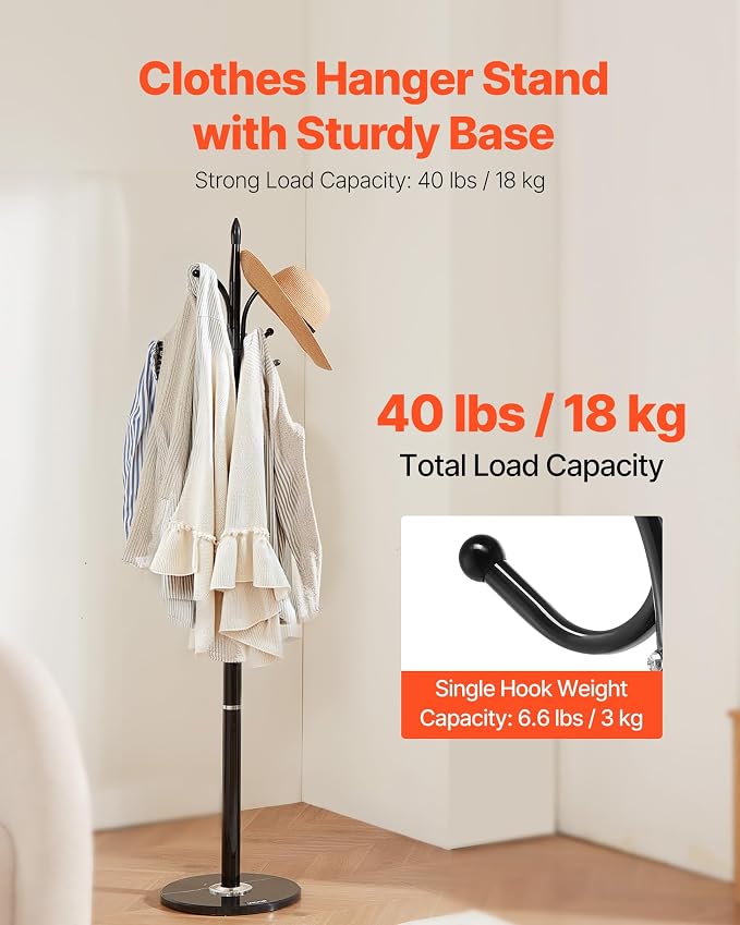 VEVOR Coat Rack Freestanding, Coats Tree Stand with Stable Marble Base & 6 Hooks, Free Standing Hall Coat Rack for Entryway, Bedroom, Office, Living Room, Modern Clothes Hanger for Coats, Hats, Bags