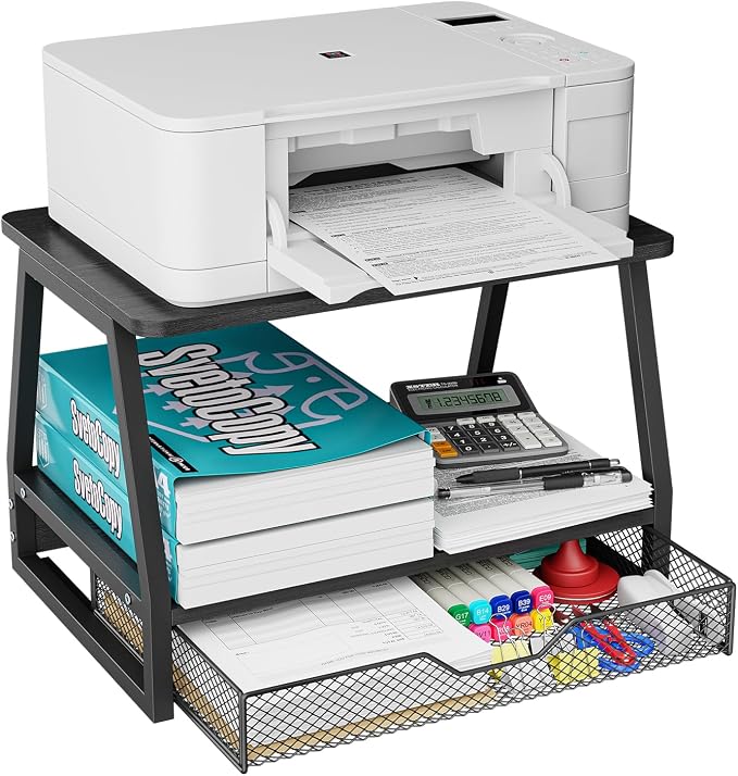 2-Tier Printer Stand with Storage, Desktop Organizer for Printer Paper, Desk Shelf for Office and Home Printers‌ Tables, Black