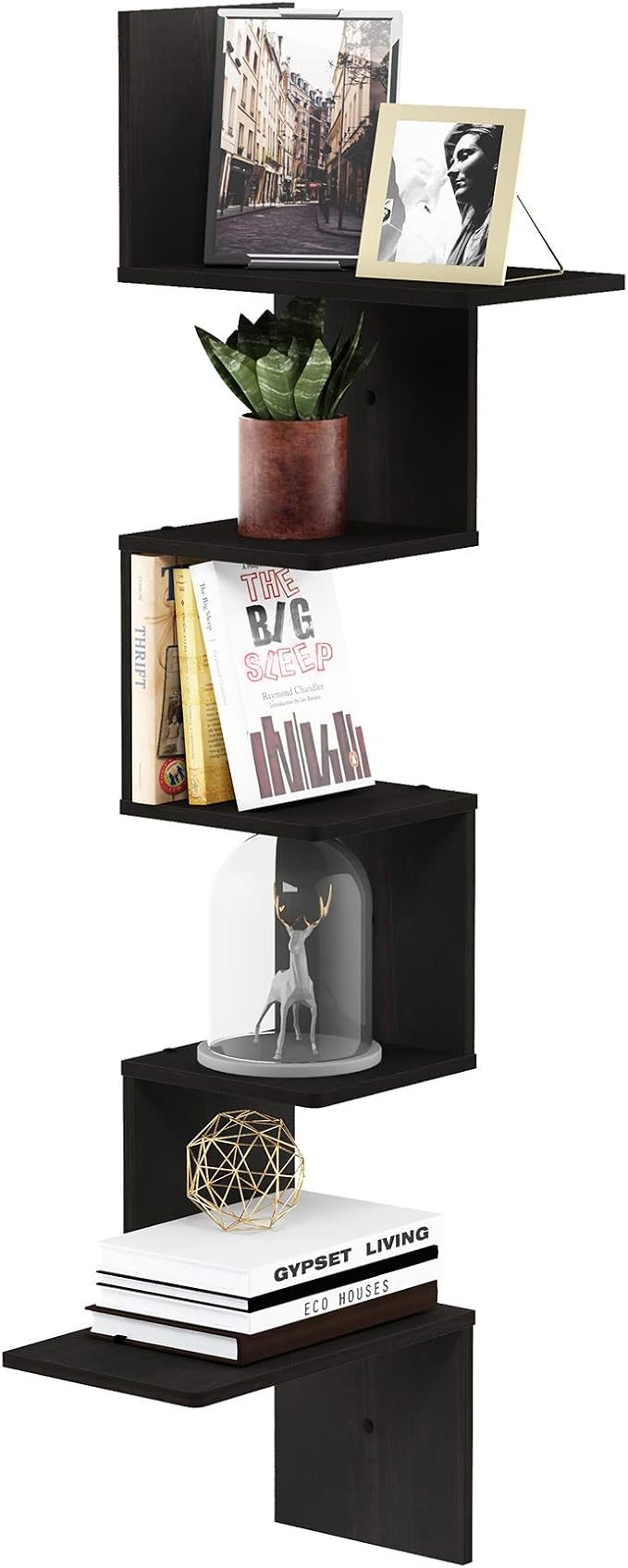 Furinno Rossi 5-Tier Corner Floating Shelves for Wall, Espresso | Rectangular Corner Wall Shelf, S-shape Radial Floating Book Shelf, Easy Assembly, for Bathroom, Bedroom, Living Room
