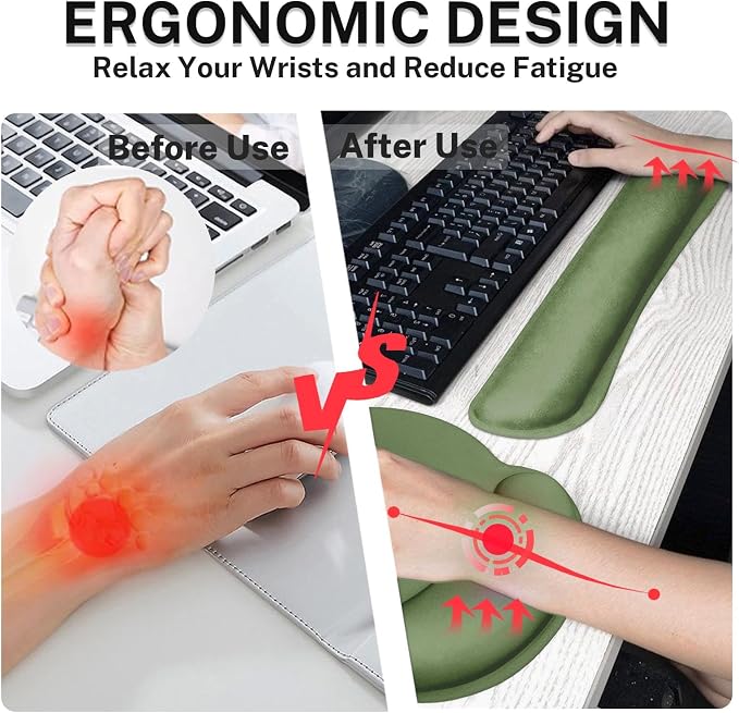 Keyboard Mouse Pad Set, 4 in 1 Desk Mat Set, Olive Green | Large Mousepad+Keyboard Wrist Rest+Mouse Wrist Rest+Coaster Ergonomic Design for Home Office Computer