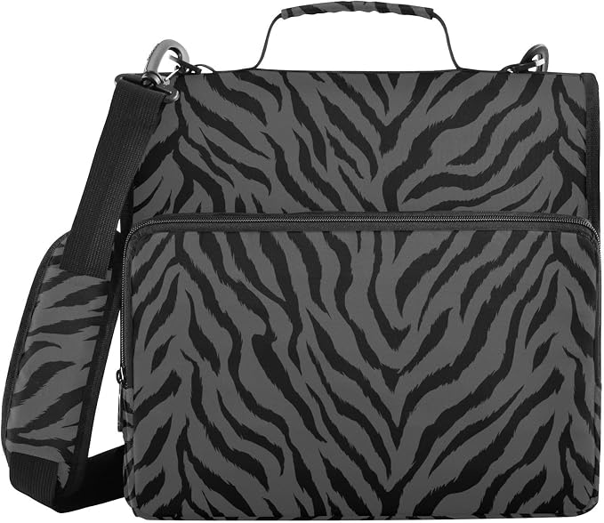 Tiger Print Black 3 Ring Zipper Binder with Shoulder Strap & Handle 1.5 Inch D-Ring Zippered Bag with Pencil Pouch,Multiple Pocket & Expanding File Folder, Binder Organizer for School or Office