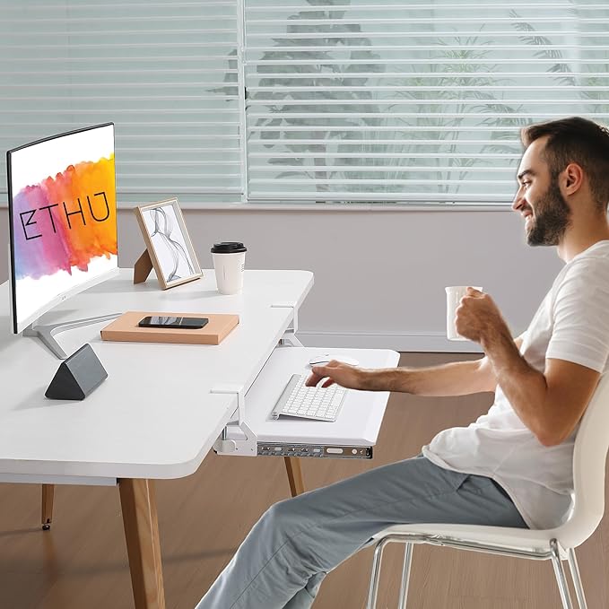 ETHU Under Desk Keyboard Tray - Small Slide Out Keyboard Shelf with C Clamp Mount, 19.7" x 11.8" Ergonomic Pull Out Tray for Home Office Desk, White