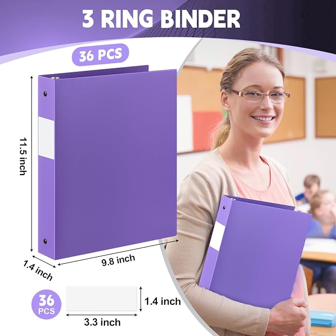 Skyygemm 36 Pack 1 Inch 3 Ring Plastic Binders, Bulk Flexible PP Binders for Classroom & School Supplies, Letter Size 8.5 x 11, Holds 240 Sheets with Interior Pocket (Purple)