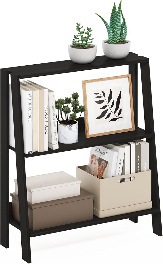 Furinno Ladder 3-Tier Book Shelf, Ladder Shelf, Espresso | 9.3 x 23.6 x 27, Open Design Bookshelf, Display Storage Bookcase, Living Room, Home Office