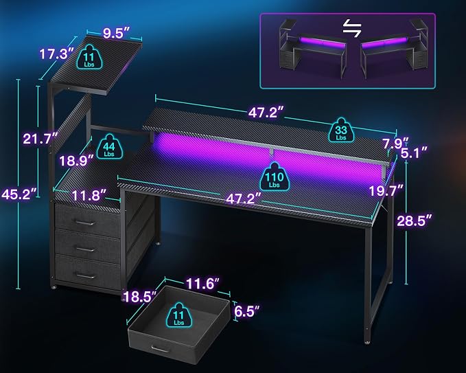 AODK Gaming Desk w/PC Showcase Stand, 59" Reversible, RGB LED, Black | Elevated stand fits Lian Li O11, Hyte Y60. Triple drawers hide cables, controllers, clutter