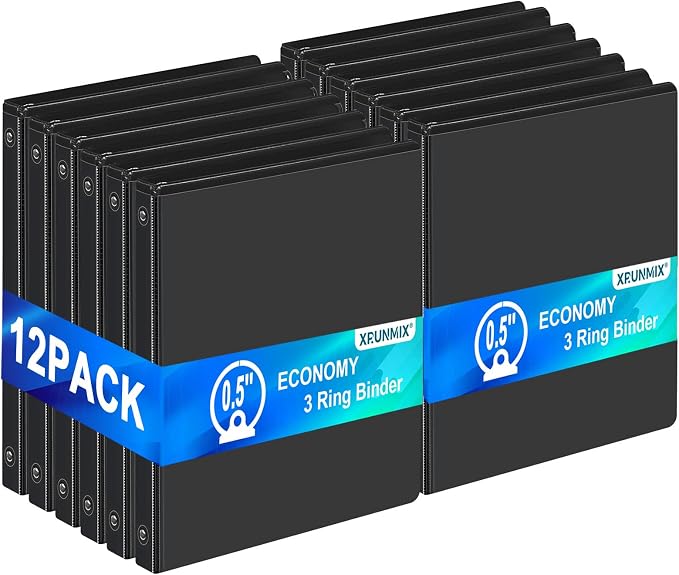 0.5'' Economy 3-Ring Binders, 1/2 Inch Round Rings, 100 Sheet Capacity, ClearVue Presentation View, Non-Stick, Bulk Pack of 12 (Black - 12 Packs)
