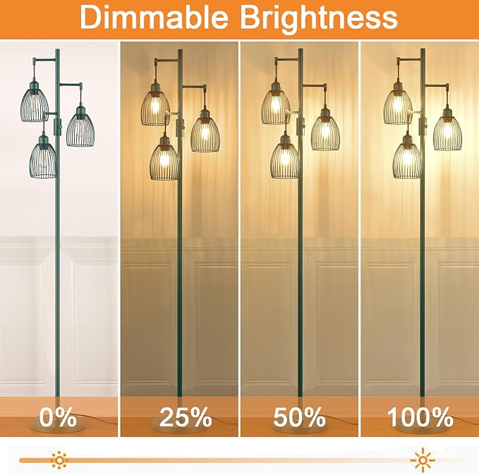 Dimmable Floor Lamp, Industrial Floor Lamps for Living Room, Green Tree Lamp Standing Lamp Tall Lamps with 3 Elegant Teardrop Cage Head & 800 Lumens LED Bulbs for Living room Bedroom Dining Room