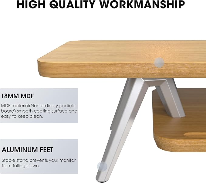 Fenge Dual Monitor Stand Riser, Wooden Desk Shelf with 2-Tier Storage | 47.2-Inch Extra Wide, Sturdy Aluminum Legs, Built-In Phone & Tablet Slot, Desktop Organizer for Office Accessories