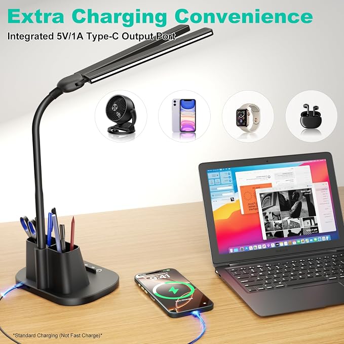 Desk Lamp with USB-C Charging Port and Organizer Base, LED Desk Light with Pen Holder, Phone Stand, 25 Lighting Modes, Flexible Gooseneck Touch Lamp for Home Office, Study Desk, College Dorm Room