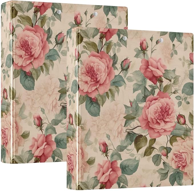 Vintage Pink Roses and Green Leaves 1.5 Inch Binder 3 Ring Decorative Cute Three Ring Binder with Anti-Slip Metal Clip Basic Binder Notebook for School Supplies, 1 Pack