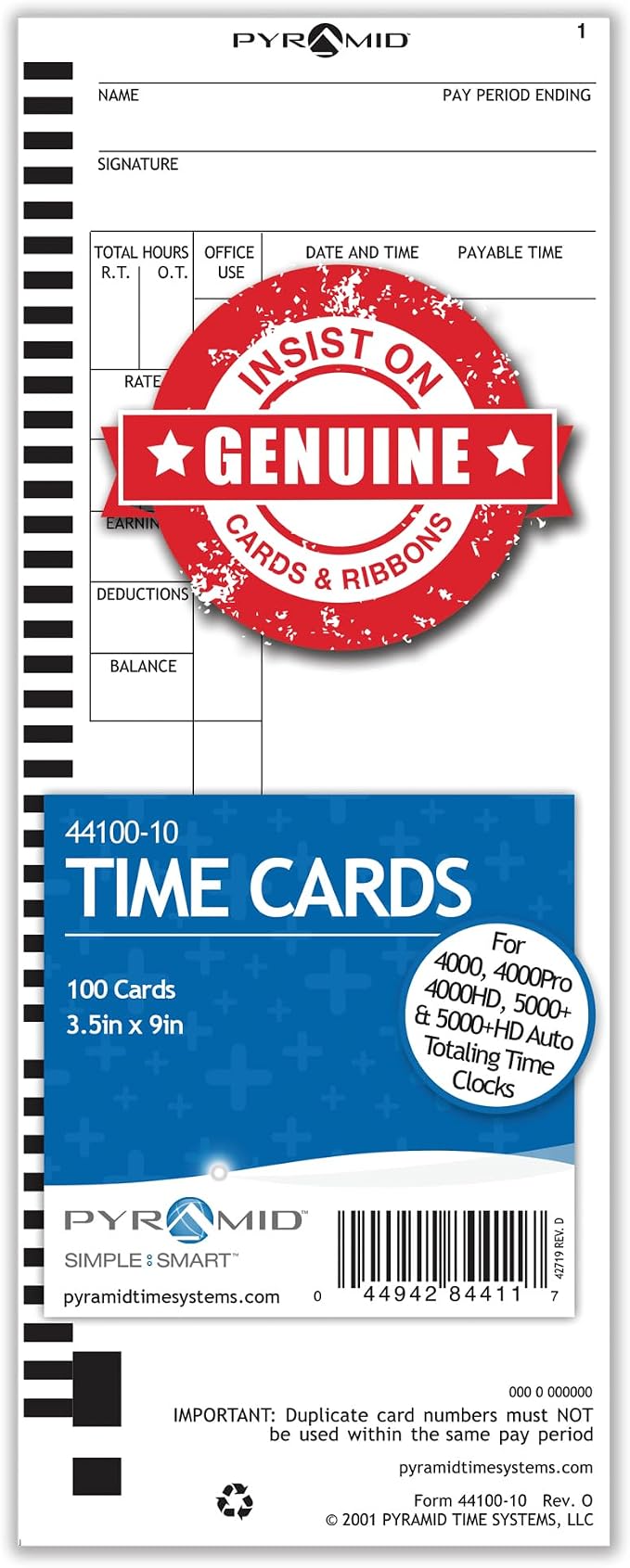 Pyramid Time Systems - Authentic Time Cards (44100-10) for Pyramid Models 4000, 4000PRO, 4000PROK, 5000HD & 5000 Auto Totaling Time Clocks, Single Sided Time Sheets (3.5 x 9 in) -100 Time Cards | For Pyramid Models 4000, 4000PRO, 4000PROK, 5000HD & 500...