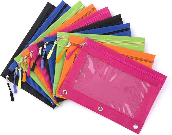 Pencil Pouch for 3 Ring Binder, Large Pencil Case with Clear Window, Metal Zipper Binder Pencil Pouches Fit Standard Binders, Durable Organizer for Office School Supplies 10Pack