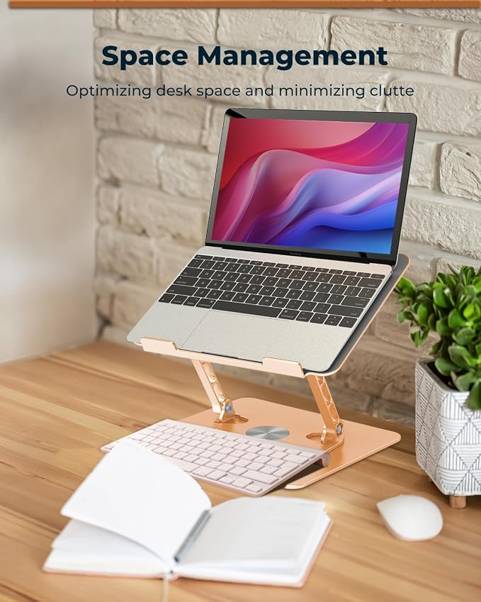 Aoviho 360° Rotating Laptop Stand for Desk | Adjustable, Foldable, Portable Aluminum Ergonomic Riser | Compatible with MacBook, Dell, HP & All Laptops 10-16 inch | Gold