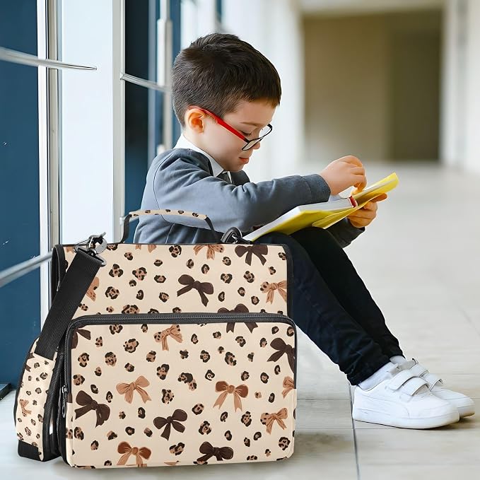 3 Ring Zipper Binder with Shoulder Strap Leopard Print Bow Pattern 1.5 inch Binders Keeper Large Capacity Multi Pockets for School Office Supplies