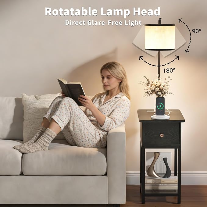 runjuly Floor Lamp with Table, Narrow Side Table with Charging Station | Wood Drawer, Built in Type-C and USB Port, Open Shelves, Light Attached Nightstand, End Table for Living Room Bedroom, Black