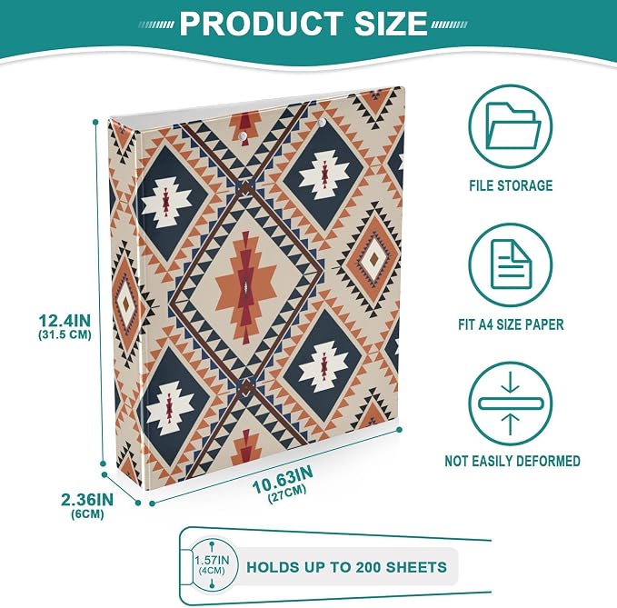 Western Geometric Ethnic Striped 1.5 Inch Binders 3 Ring for Letter Size Holds 200 Sheets Notebook Binder with Clipboard for Women or Men