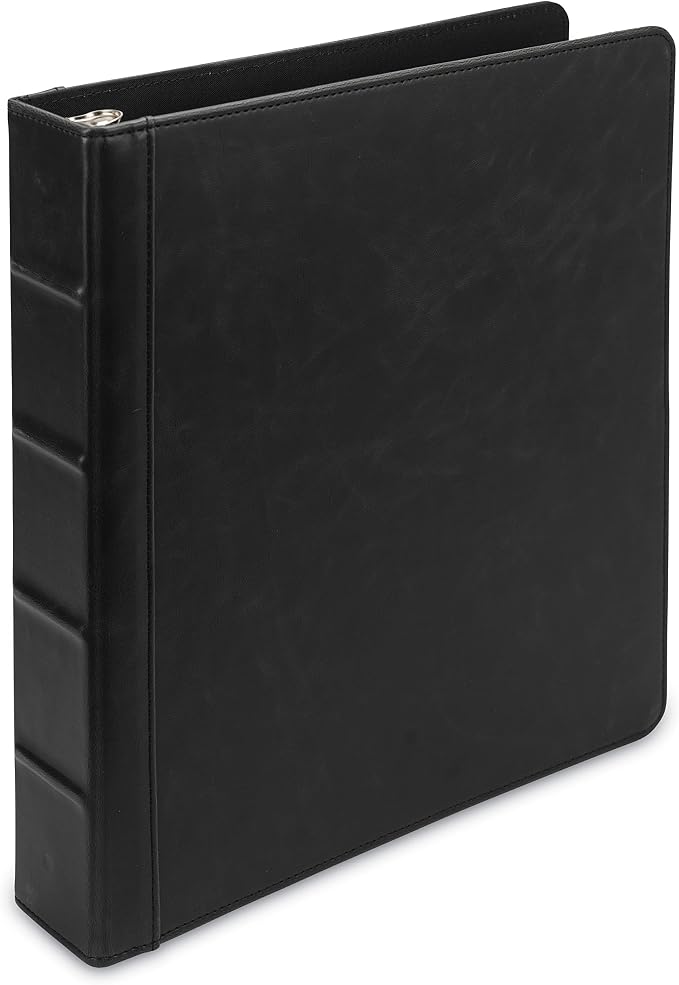 Samsill Vintage Faux Leather 3 Ring Binder, 1.5 Inch Round Ring, Full Size Binder for 8.5 x 11 Letter Size Paper, Professional Organizer with Interior Pockets, No Zipper, Black
