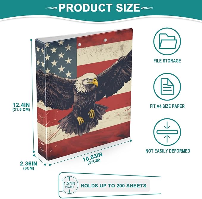 3 Ring Binder American Flag Eagle 1.5" Round Ring Binders View Binder with 200 Sheet for Kids School Supplies Women Men Office, 1 Pack