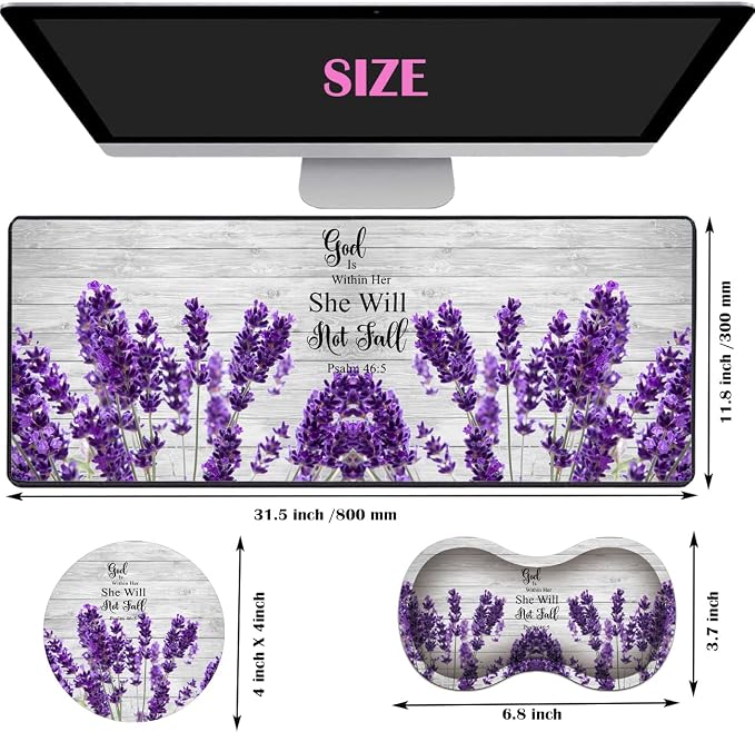 Large Gaming Mouse Pad 31.5x11.8 Inch Keyboard Pad + Ergonomic Wrist Rest Pad and Coaster with Non-Slip 3-Piece Desk Supplies Set, Bible Psalm 46:5 Lavender Design for Gamers/Office/Study