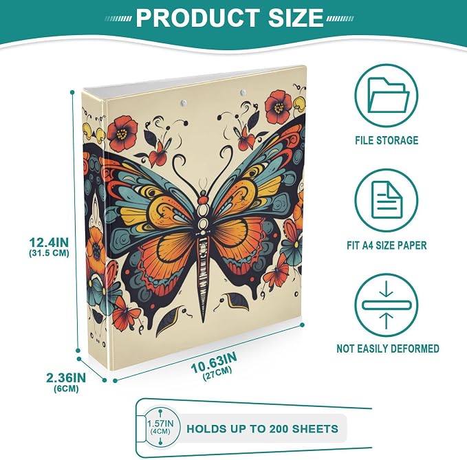 3 Ring Binder, Vintage Floral Butterfly File Folder Holds 200 Sheets File Storage for Women Men School Office Supplie