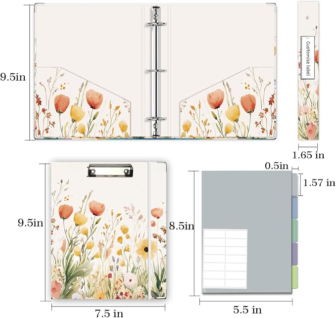 Mini Binder Organizer for 5.5" x 8.5" Paper ，1 Inch 3 Ring Binder with Clipboard, 5-Tabs Pockets Dividers, Plastic Folder, 18 Divider Stikers, Pen Loop (Weed, Half Letter Size)