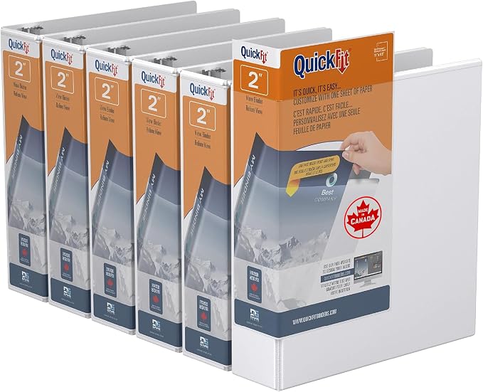 QuickFit View Binder, 3-Ring Binder for School or Office, D Ring, White, 6 Pack, 2 Inch | Heavy-duty binder, fits 8.5" x 11" paper, white, customizable cover, made in Canada, ideal for school or office use