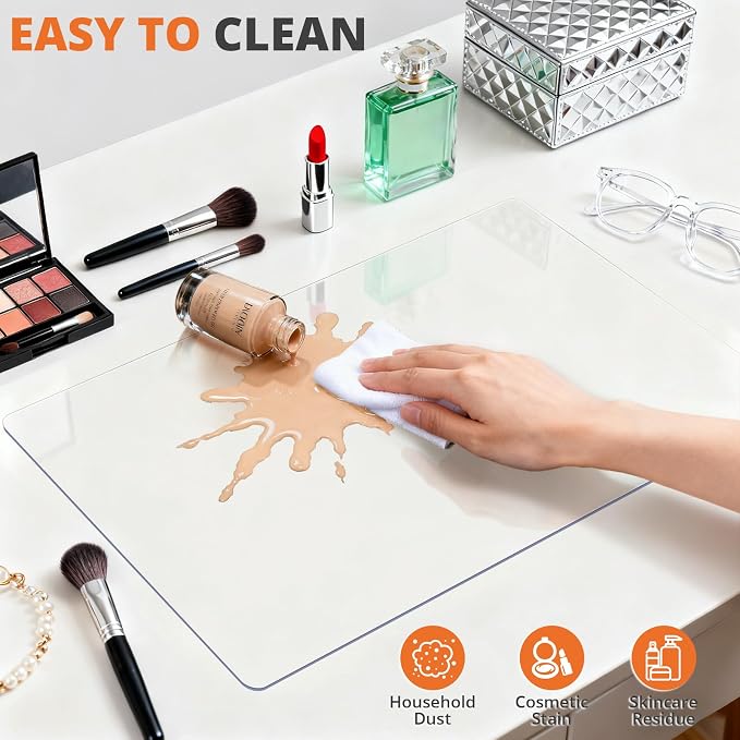 LovePads Makeup Mat for Vanity, 17" x 28" PVC Desk Mat & Dresser Cover Top | Waterproof Desk Protector, Vanity and Desk Accessories; Wipes Clean, Ideal for Writing, Nail Art, Craft Table, Clear