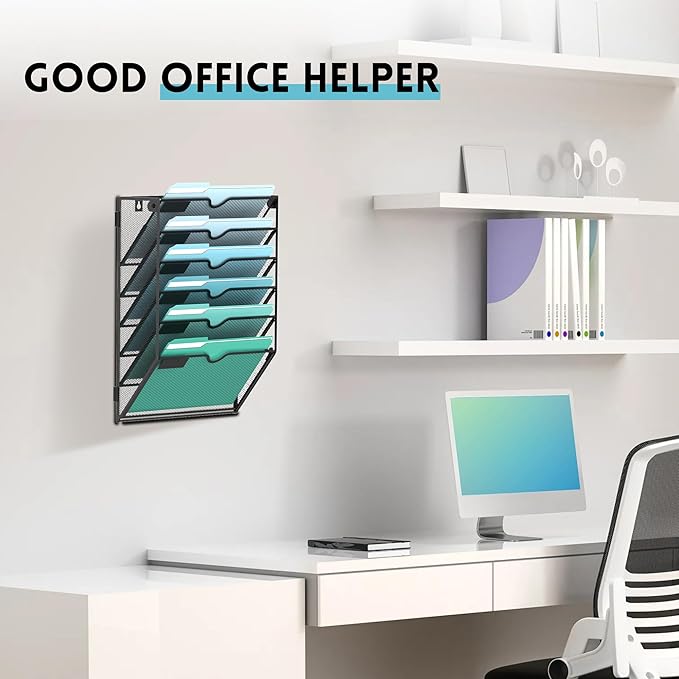 6-Tier Wall File Organizer, Wall Mounted Mail Sorter, 2 Pack | Metal Mesh Hanging File Organizer with Open Compartments and Label Panels for Papers and Folders at Home, Office or School