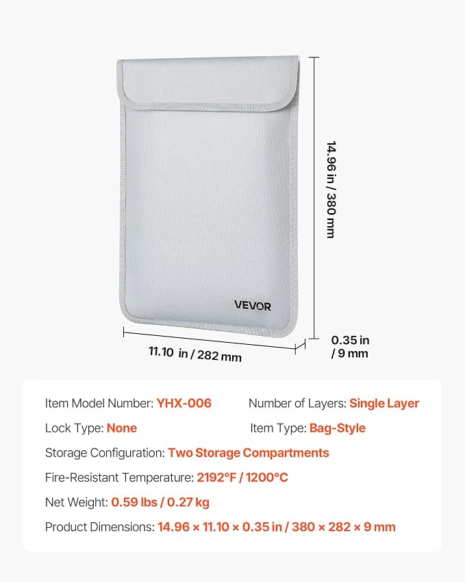 VEVOR Fireproof Document Bag, 2192 ℉ Heat Insulated Fireproof & Waterproof Bag with Smooth Zipper, Portable File Storage Organizer Home Office Travel Use, for Passports, Important Documents, Files
