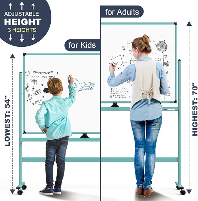 Rolling Whiteboard, 48x32 Inches Dry Erase Board with Stand, Magnetic Mobile Whiteboard on Wheels, Standing White Board for Office, School, Home, Large Double Sided White Board with Paper Pad
