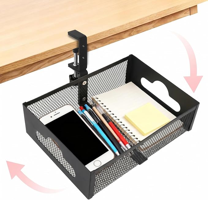 Under Desk Organizer 360° Swivel,No-Drill Clamp-On,Holds Up to 7lbs | 360° rotation,no-drill clamp,holds up to 7lbs, cup holder,mesh storage,office/kitchen/art use