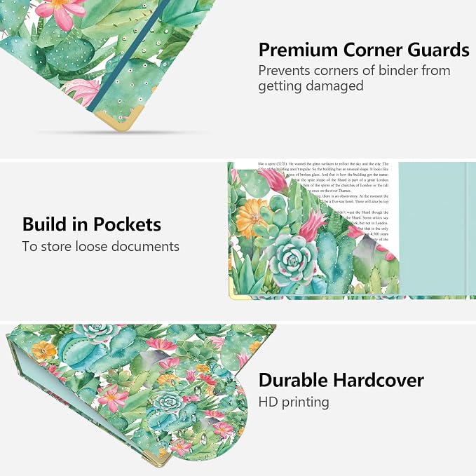 3 Ring Binder 3 Inch, Cute Decorative Hardcover Low Profile Clipboard with Storage, 3'' Round Ring Binders for Letter Size Paper, Durable Binder Organizer for School Office Supplies(Cactus Flowers)