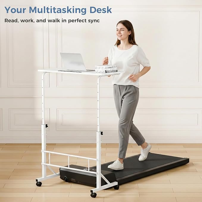 DUMOS 31.5" Walking Pad Desk, Laptop Desk, Home Office | Lockable Wheels, Adjustable Height, Portable Rolling Design, Treadmill Use, Stand Up Style, Milk