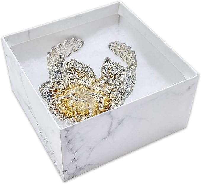TheDisplayGuys 100 Cardboard Jewelry Gift Boxes with Inserts - Marble White | Size #34 - 3.9" x 3.9" x 2.0", Lids, Cotton Filled Padding, Kraft Paper, Bulk Pack Case, for Shipping, Organizers, Storage