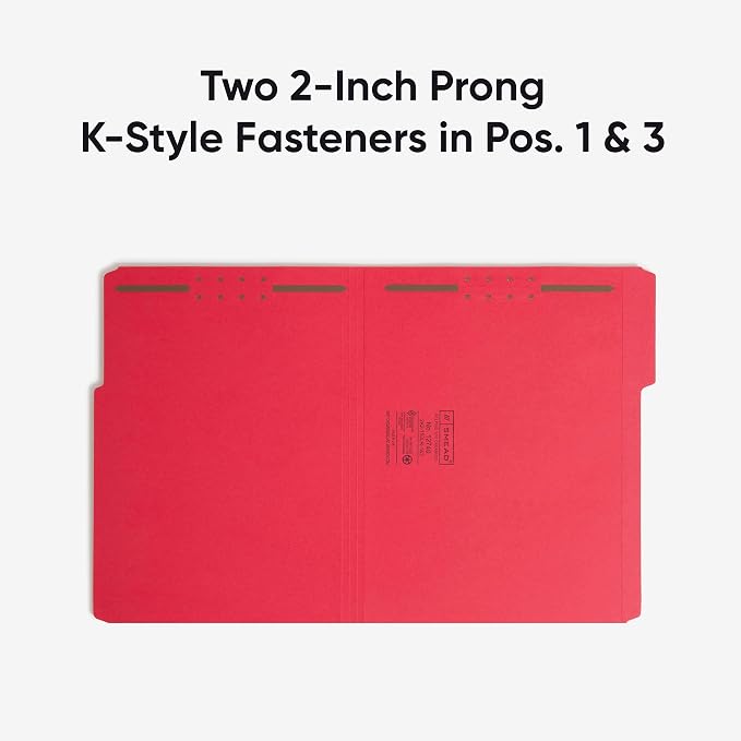 Smead Fastener File Folders, Reinforced 1/3-Cut Tabs, 2 Fasteners, Letter Size, Red, 50 per Box (12740)