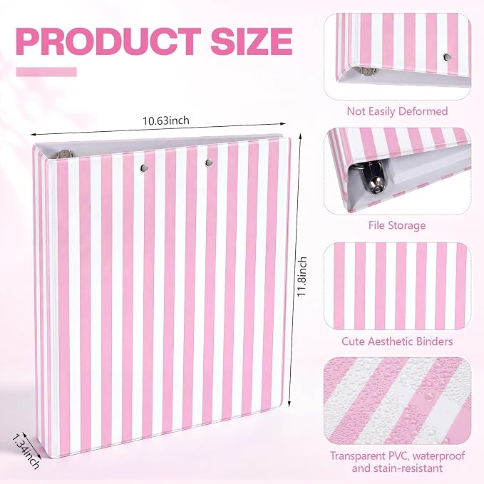 Colarr Pink Stripe 3 Ring Binder 1 Inch with Clipboard Interior Pockets, Cute Preppy Round Ring Binder for Office Supplies & File Folder Organization