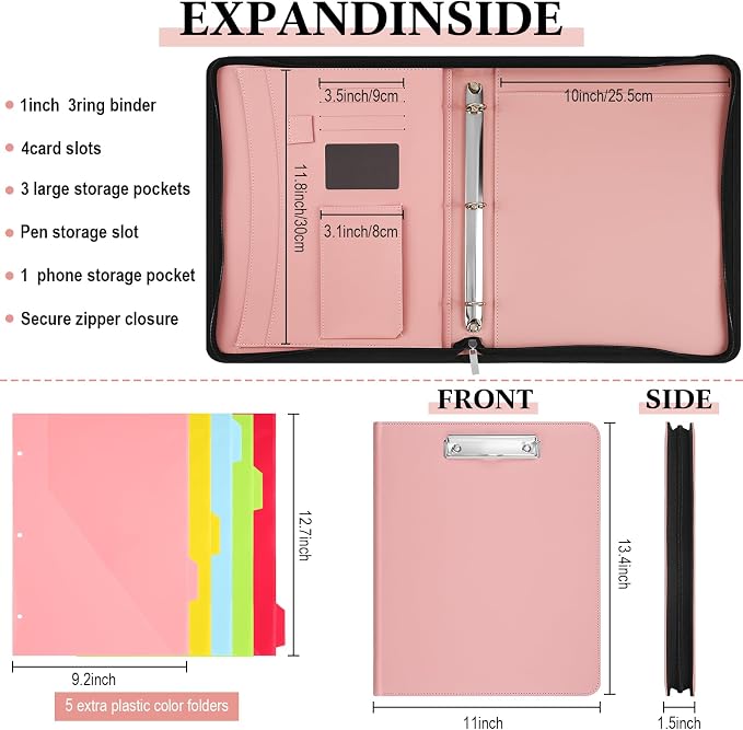 Gilprop 3 Ring Binder with Clipboard, 13.4"x11" Binder Padfolio,Pink | Faux Leather Binder Organizer with Zipper, 5 Folder Divider Pages for Documents Business Cards Teachers Nurses School Office