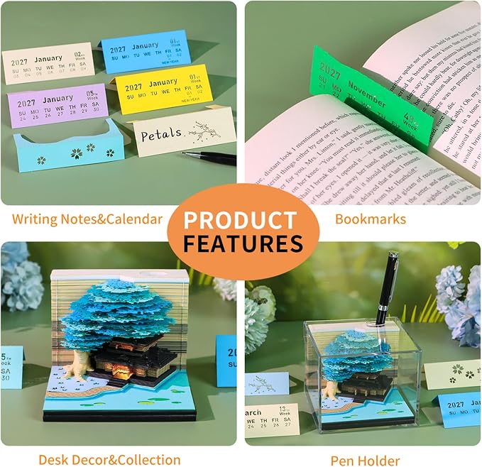 3D Time Piece Calendar, 2027 Desk Calendar With LED Light, 3d Tree Memo Pad Creative Desk Calendar, Christmas Gift for Colleague Friend, Desktop Decoration
