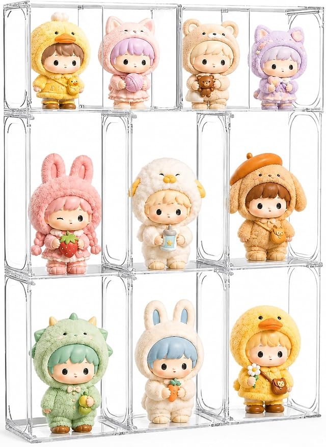 Kuject 8 Pack Clear Display Cases for Collectibles, 2:3 Aspect Ratio Stacking for DIY Display Shelves, Small Figure Display Cases for Labubu with Magnetic Door & Dividers, Dustproof Toy Organizers