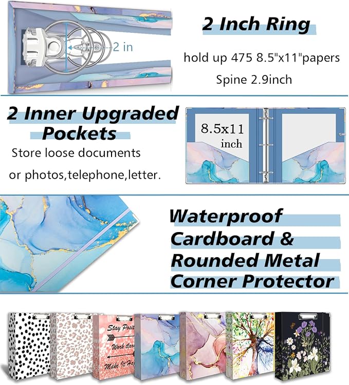 2 Inch 3 Ring Binder Organizer with Clipboard, 5-Tab Pockets Dividers, Transparent Folder, 18 Divider Stikers, BVSSX Decorative Three Ring Binder with Pen Loop, Elastic Strap (Blue Marble,Letter Size)