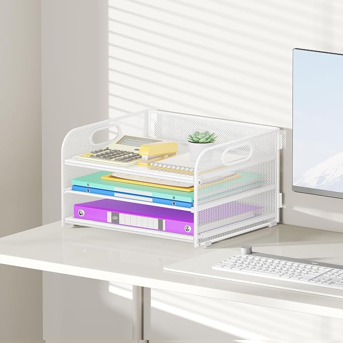 Cawukege 2 Pack 3 Tier Paper Organizer with Handle, Metal Desk Organizer Mesh Paper Letter Tray Desktop File Folder Document Sorter for Classroom, School, Office Accessories Storage (2, White)