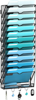 13-Tier Wall File Organizer and Mail Organizer with 5 Hooks, Black | Label slots, curved openings, 5 key hooks, and a bottom tray support organized mail, file, and everyday item storage.