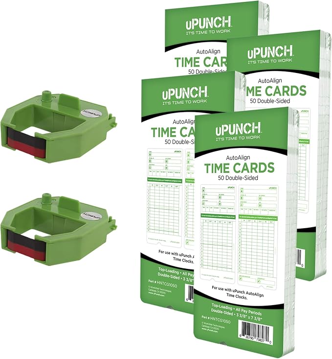 uPunch 2 Pack Ribbon/200 Card Combo for Green HN3000 AutoAlign Time Clocks (HNRG2TCG1200)