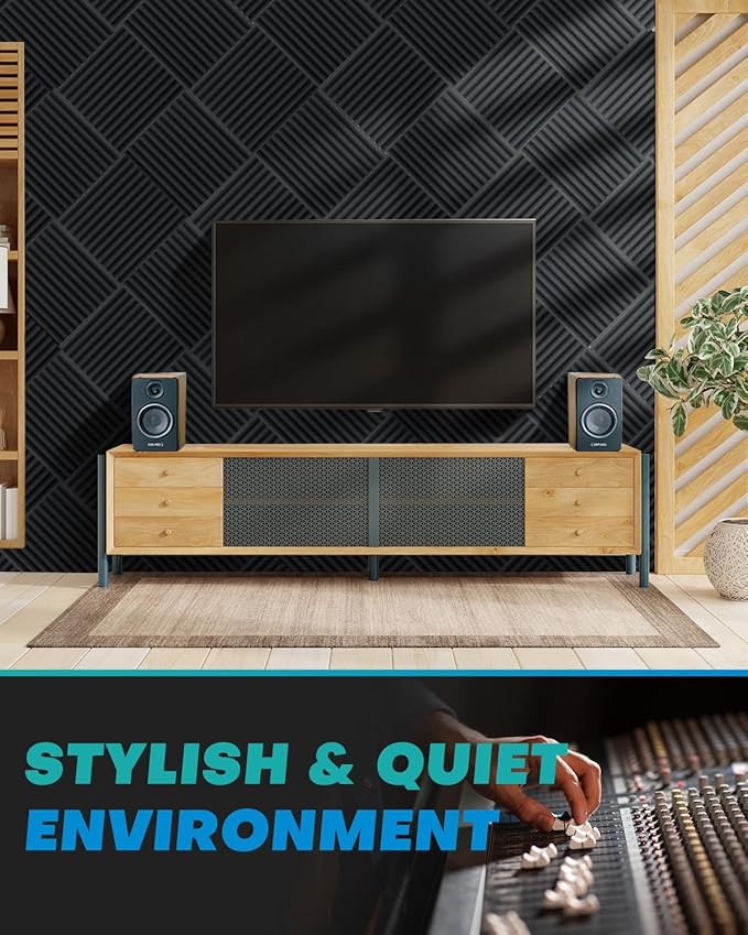 52 Pack Acoustic Foam Panels, 1 X 12 X 12 Inches Sound Proof Foam Panels for Walls, High Density Acoustic Panels Sound Absorbing, Black White Noise Cancelling Studio Wedges (NOT INCLUDE ADHESIVE)