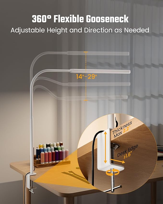 SUPERDANNY Eye-Caring LED Desk Lamp Work Lamp Office Lamp with Side Clamp | White, Touch Control, 360° Flexible Gooseneck, 3 Modes Smooth Dimming, Memory Function, Adapter, Metal, for Home Office Dorm