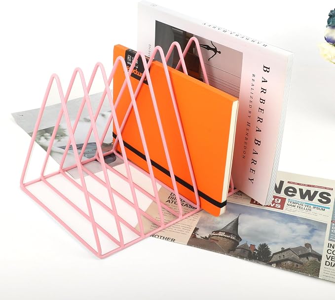 Vinyl Record Holder Storage, 9 Slot Metal Magazine Book Album Display Rack, Stylish Triangle Desktop File Sorter Organizer for Home Office, Pink Pack of 2